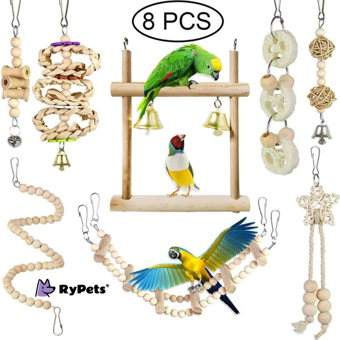 ParrotFun 8PCS Wooden Bird Toy Set for Training and Play